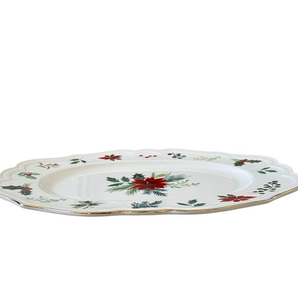 Grace Teaware Poinsettia & Holly Porcelain Oval Serving Tray Christmas New - Picture 4 of 14